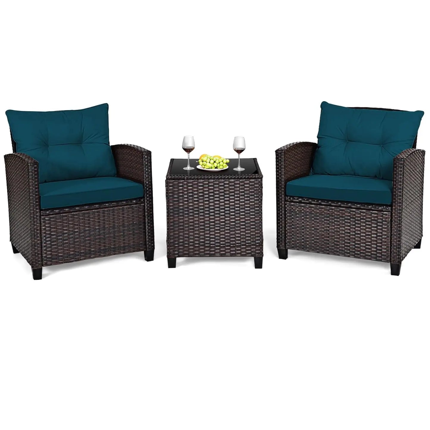 3 Pieces Patio Furniture Set, PE Rattan Wicker 3 Pcs Outdoor Sofa Set w/Washable Cushion and Tempered Glass, Customized