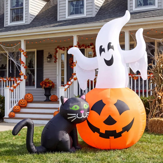 Joyfy Lighted Ghost Pumpkin And Black Cat Halloween Inflatable Decor