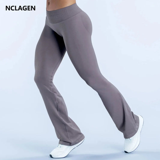 Nclagen Women Seamless Yoga Leggings Flared Scrunch Booty Pants