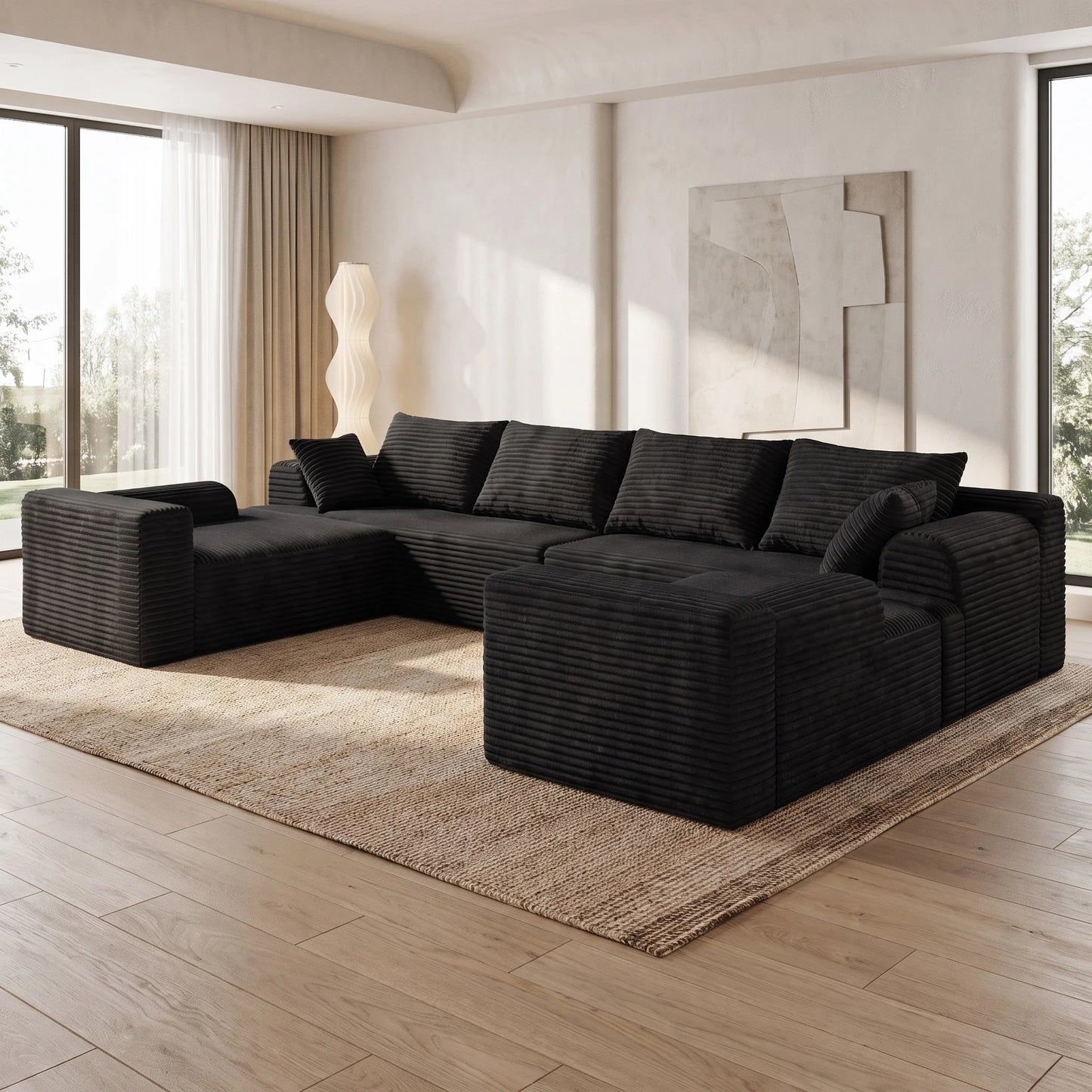 118" Oversized Modular Black Corduroy Sectional Sofa, U-Shaped Corner Couch, DIY Freely Combinable, Soft Comfort Cloud Block Lazy Sofa for Living Room, Convertible Sofa Bed