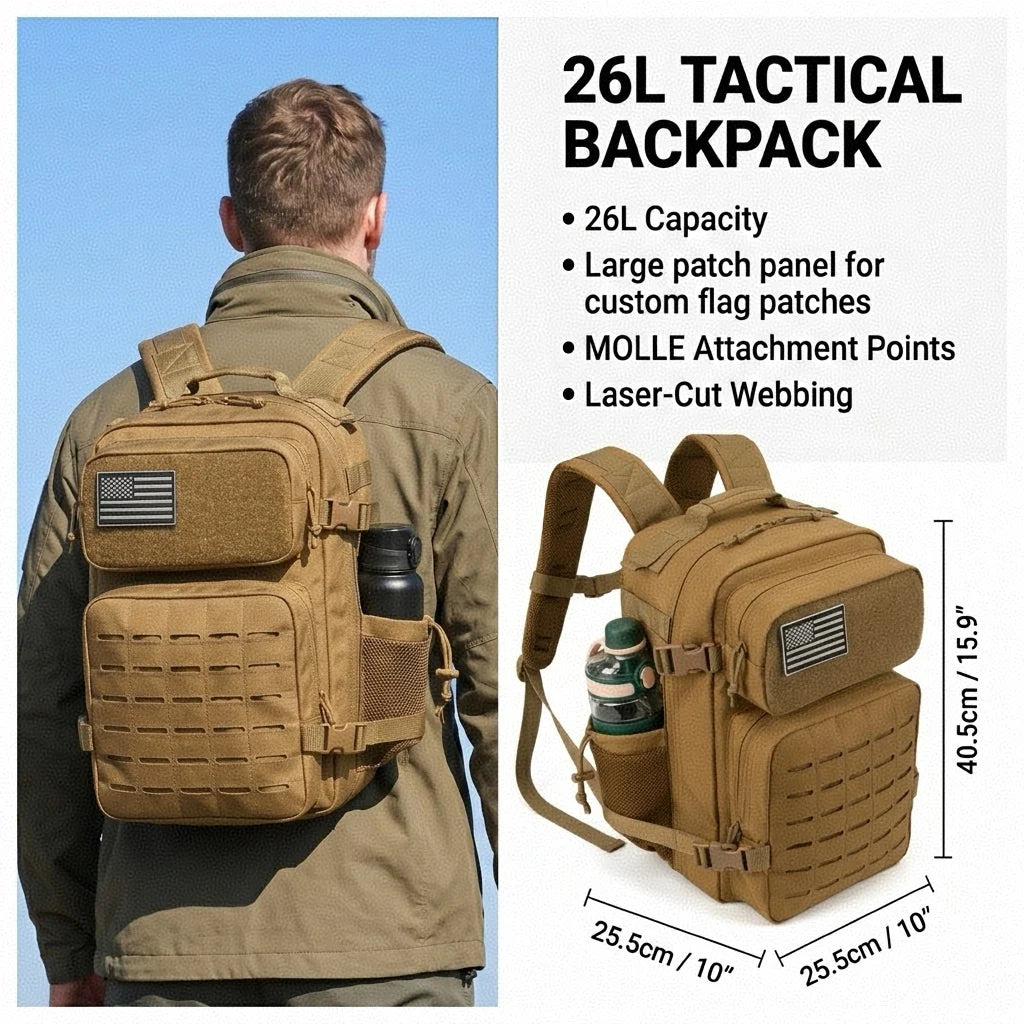 26L Tactical Backpack Men Women MOLLE Outdoor Survival Fitness Hiking Rucksack With Dual Double Cup Holders Camping Travel Daily Use Backpack