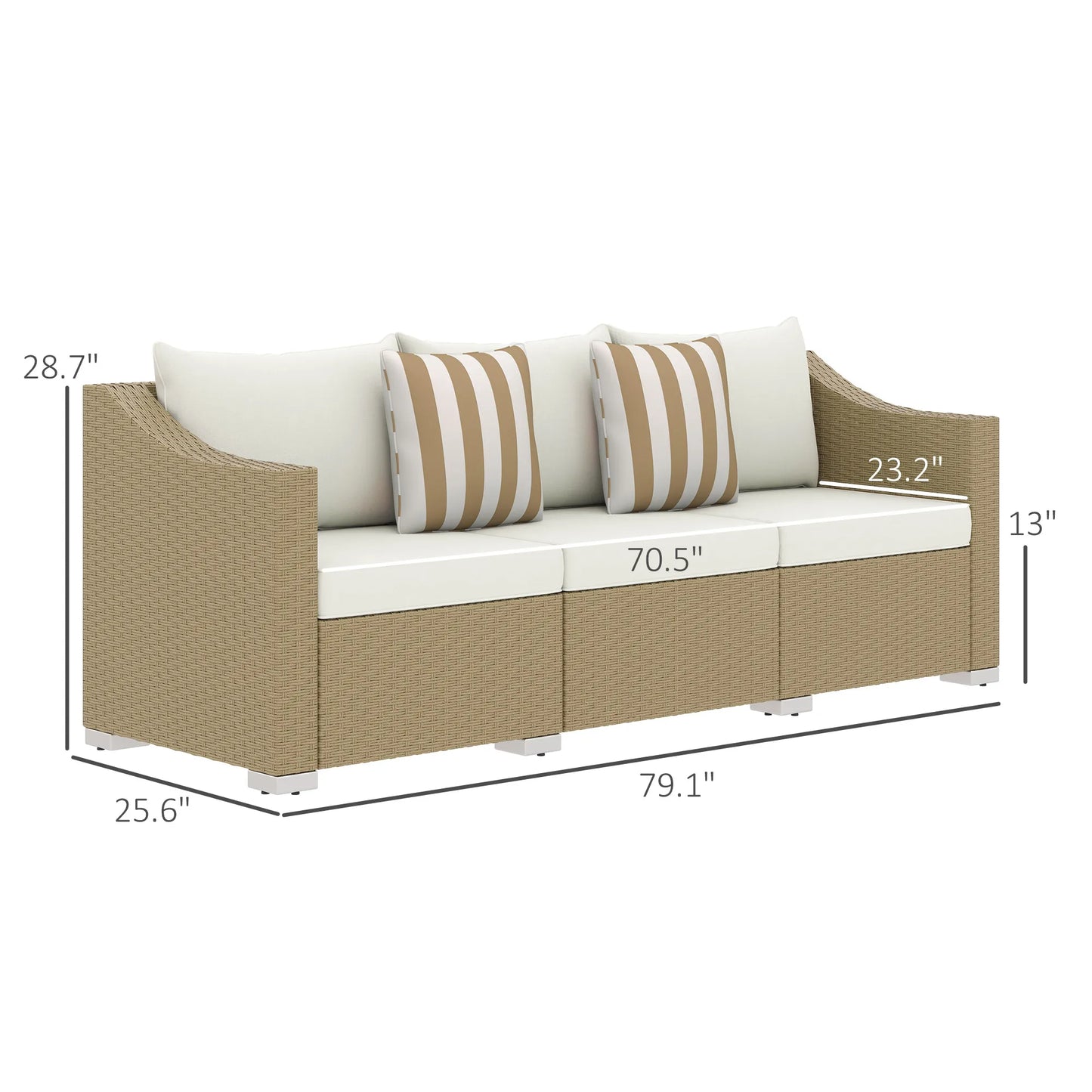 3 Seater Patio Wicker Sofa, Outdoor Furniture Rattan Couch with Cushions, Throw Pillows, for Garden, Backyard, Porch, Cream White