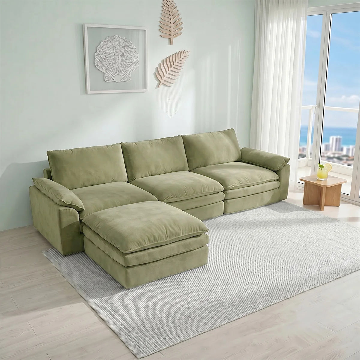Summer Fresh Cream Style Modular Block Sofa, No Assembly Required, Deep Seat Cloud Sofa for Family Theater Room, Breathable Skin-friendly Fabric Chaise Lounge, Detachable Washable Lazy Cloud Couch for Large Living Room, Multi