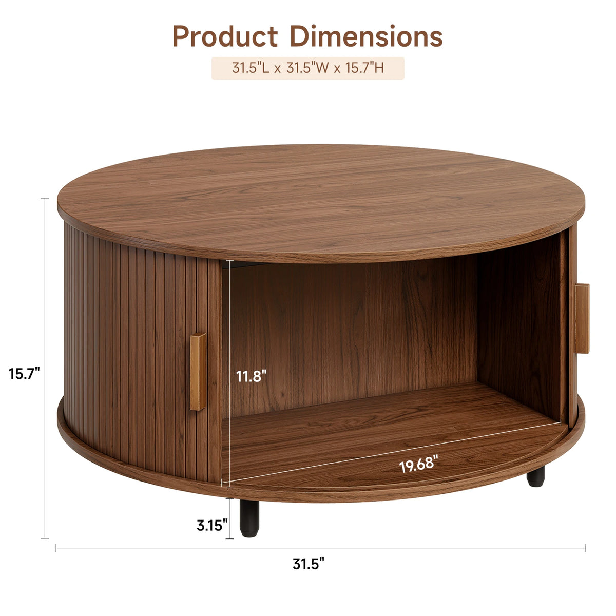 ONBRILL Round Coffee Table With Storage And Fluted Sliding Door