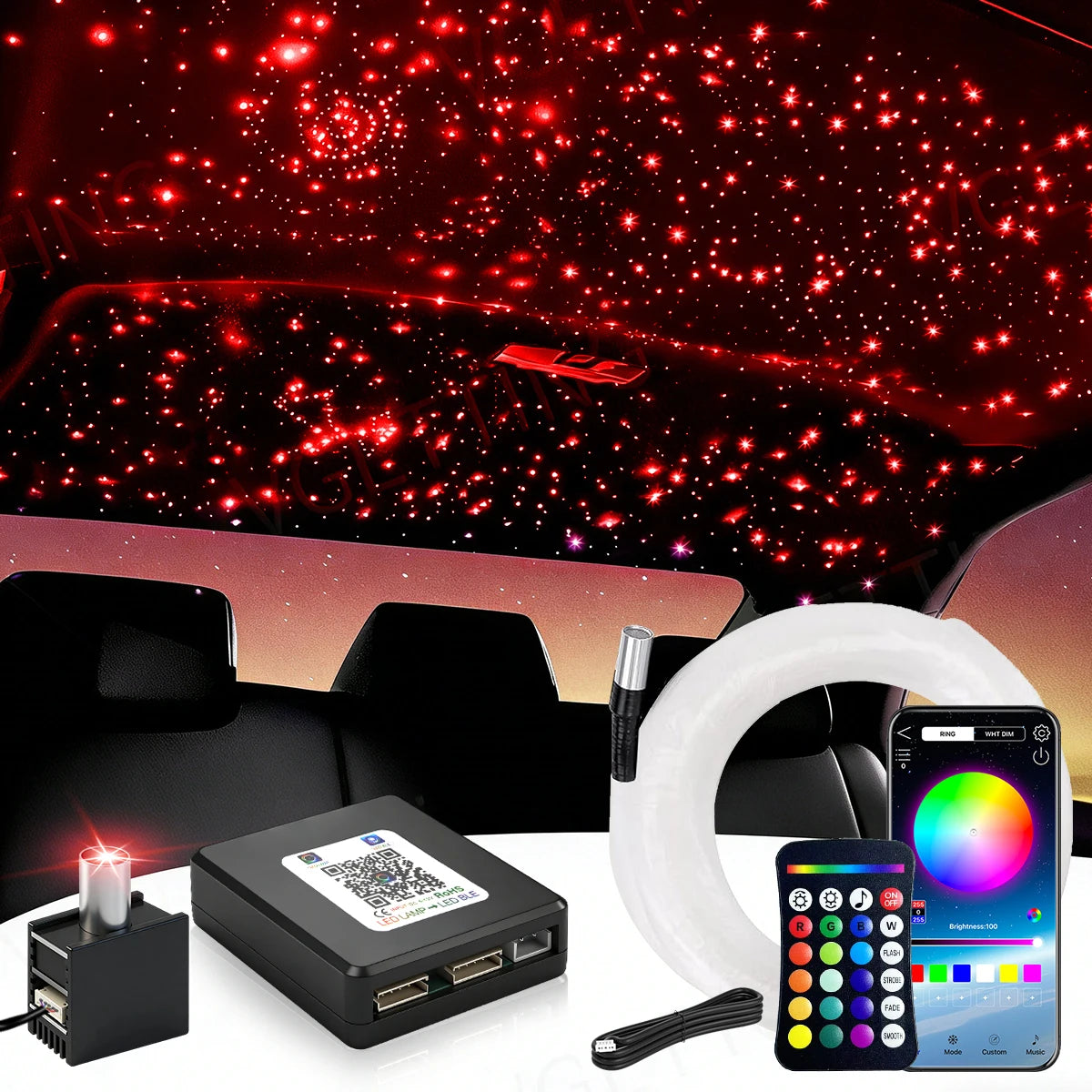 16W Split Starlight Headliner Kit, Fiber Optic RGBW Star Lights for Car Roof Ceiling with 1/2/4 Light Heads, APP/Remote Control, Static 10 Colors