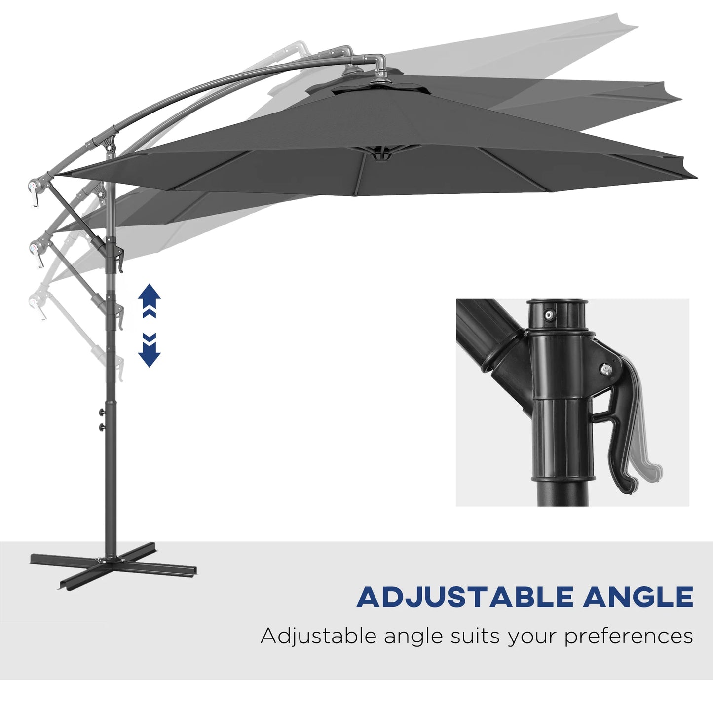 10' Cantilever Hanging Tilt Offset Patio Umbrella with Uv & Water Resistant Material and Cross Base (Weight Not Included), Gray