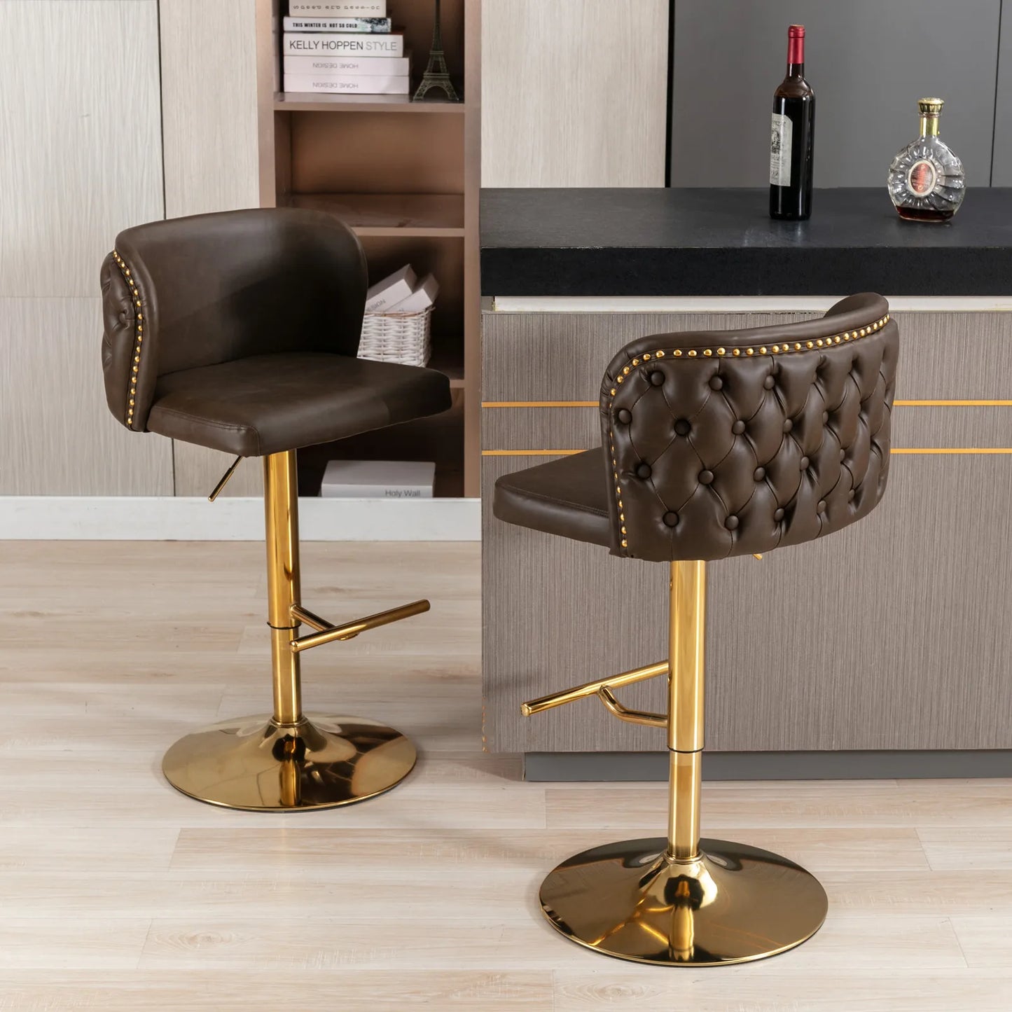 TWISTER.CK Swivel Bar Chairs PU Upholstered Stools Nailheads Dining Room