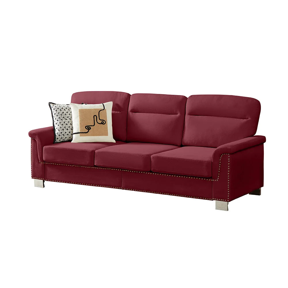 Modern Three Seater Sofa With Nailhead Trim And Metal Legs