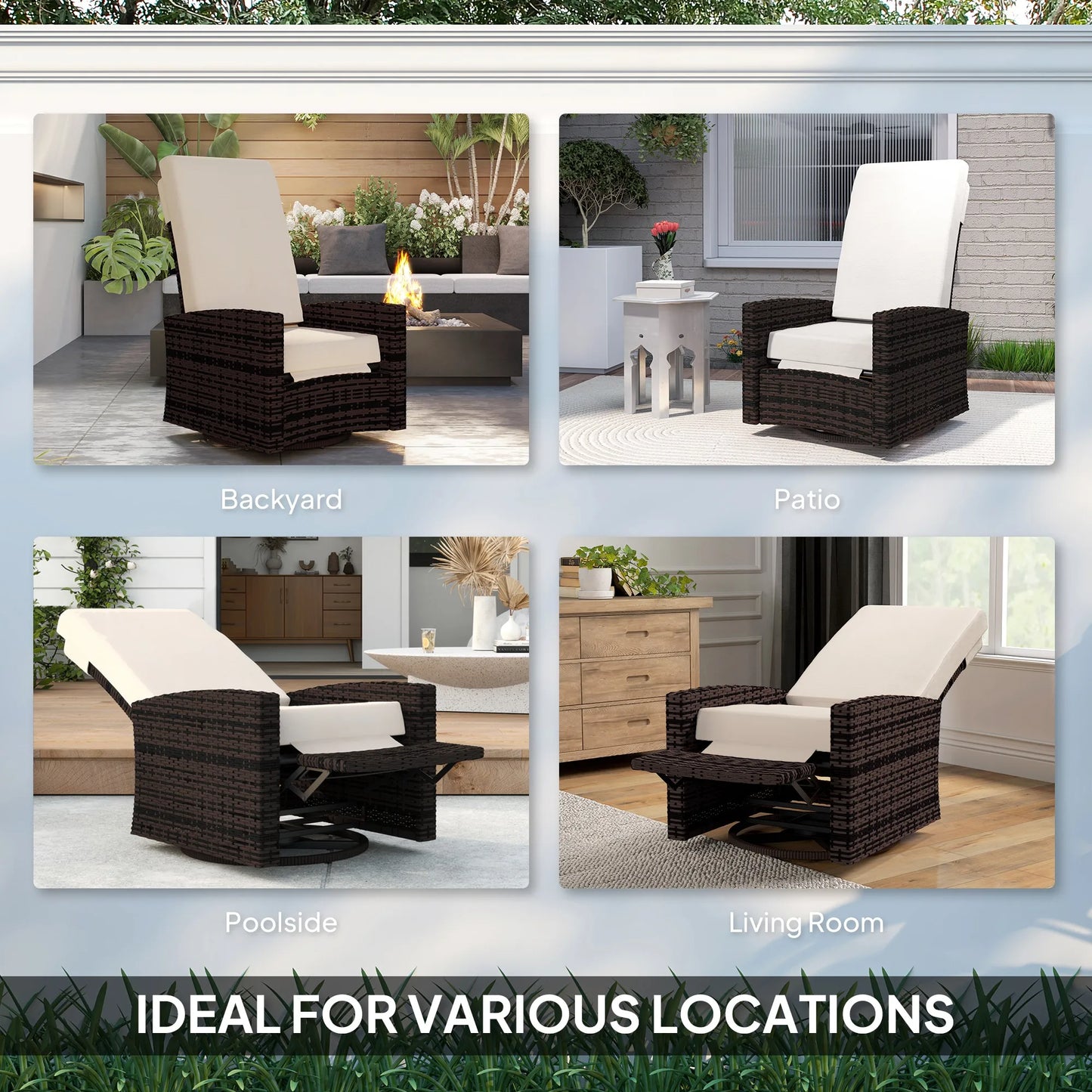 Reclining Rattan 360° Swivel Chair, Outdoor Patio Cushioned Recliner Khaki