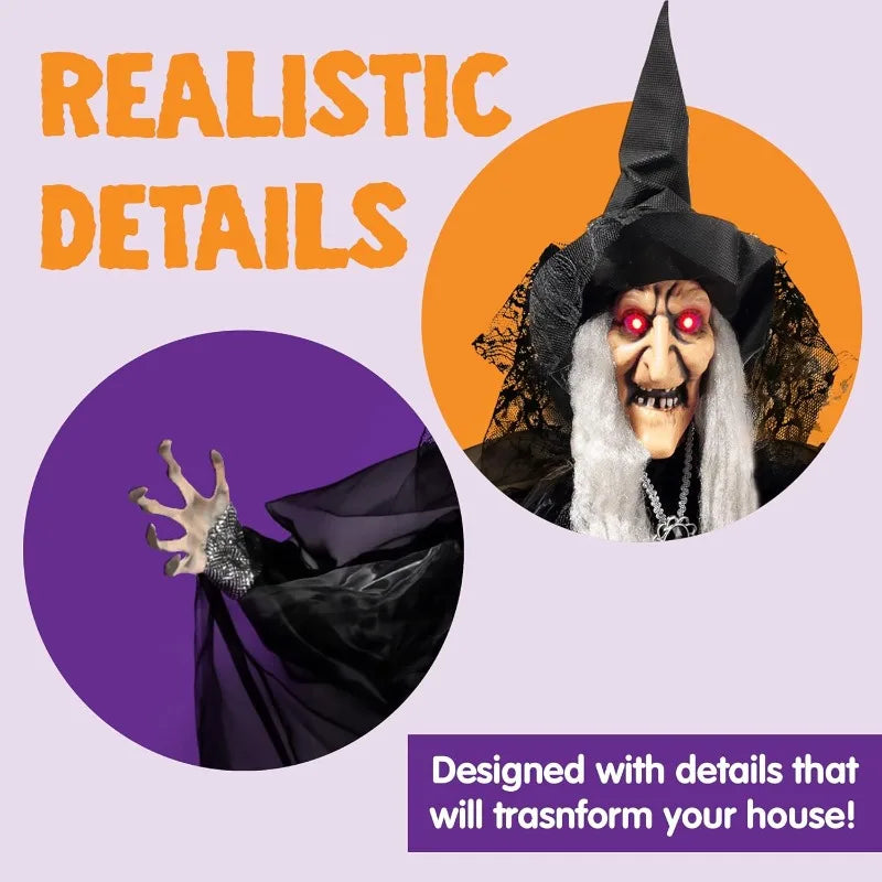 47'' Tall Animated Witch Halloween Decorations Outdoor Indoor Scary Halloween Animatronics Decor, Hanging Ghost Talking Sound Activated Led Lights Eyes Haunted House Yard Garden Lawn