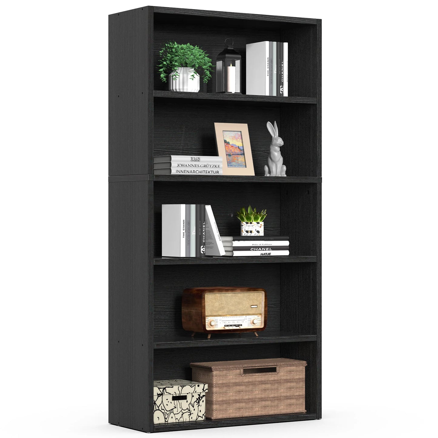 MCQ 5 Tier Wooden Bookshelf Black 53 Inch Tall Bookcase Standing Open Book Shelf Organizer Adjustable Display Storage Shelves