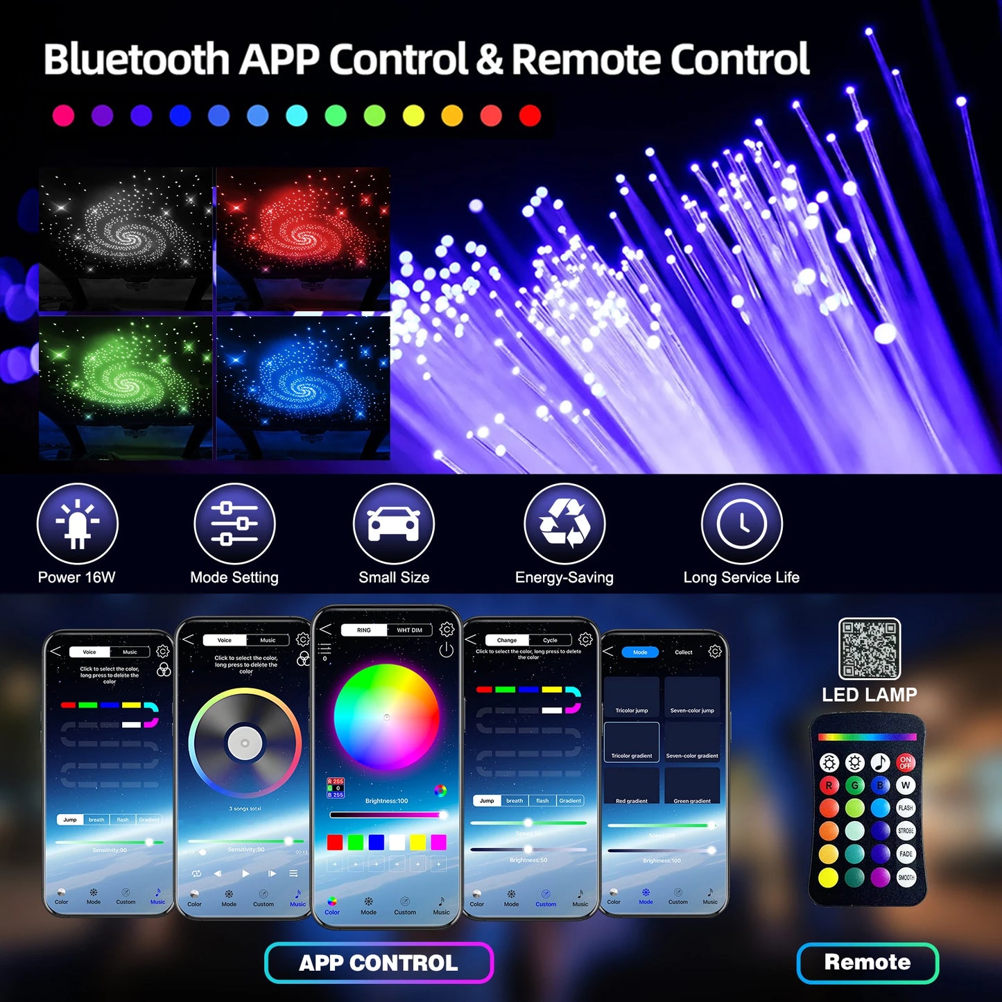 16W Split Starlight Headliner Kit, Fiber Optic RGBW Star Lights for Car Roof Ceiling with 1/2/4 Light Heads, APP/Remote Control, Static 10 Colors