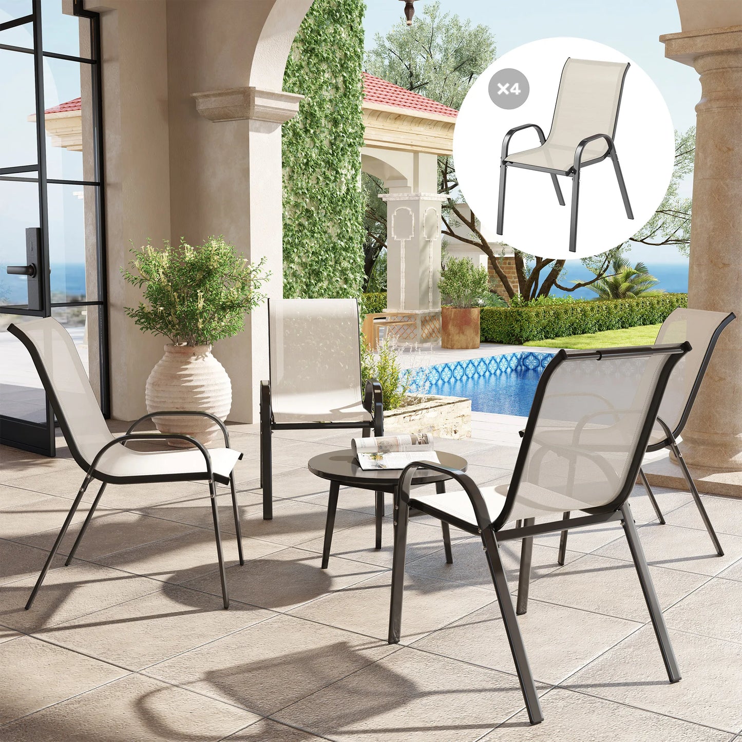 Set of 4 Patio Dining Chairs, Stackable Outdoor Chairs, Beige