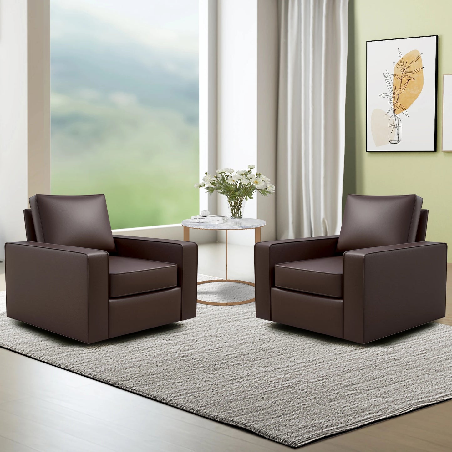 KERDOM 360° Swivel Accent Chair, PU Leather Living Room Chairs with Deep Seat and Upholstered, Square Armchairs for Bedroom, Reading Nook, Easy Assemble, Espresso
