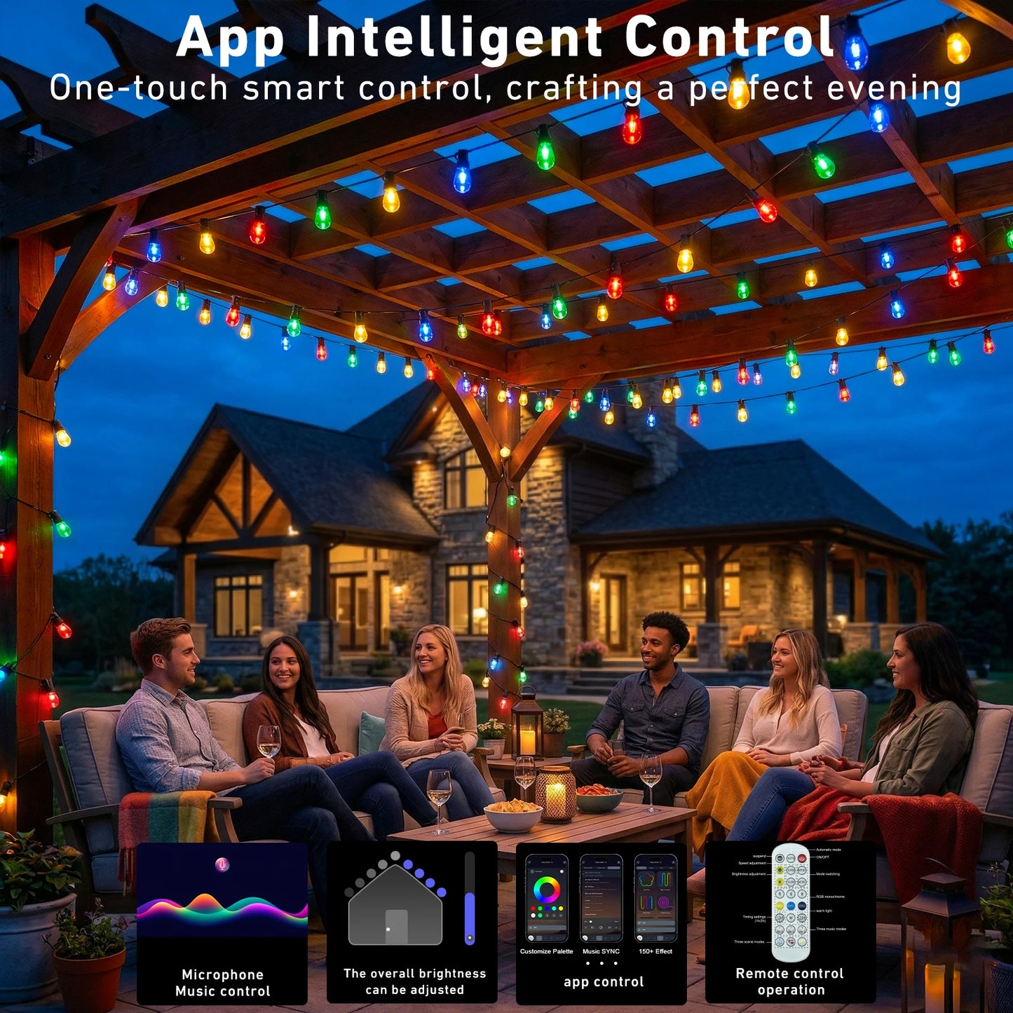 RGB IC Outdoor String Lights Dimmable With App Control IP67 Waterproof