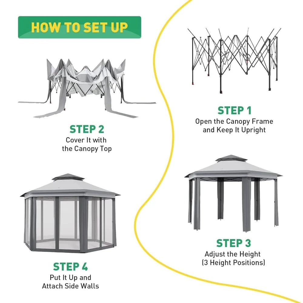 Alloy Steel Pop Up Gazebo With Mosquito Netting Vent Roof