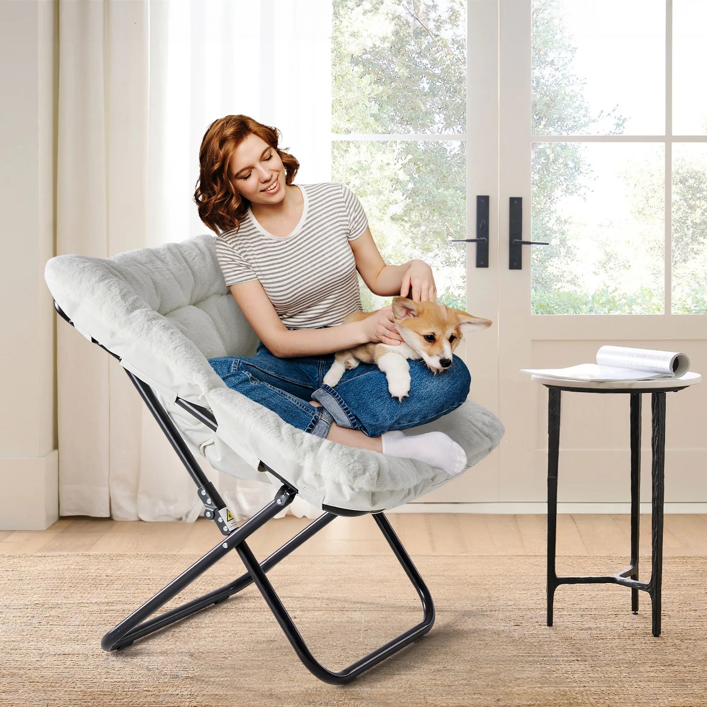 JHK Cozy Saucer Chair Faux Fur Folding Lounge Reading Chair Metal Frame