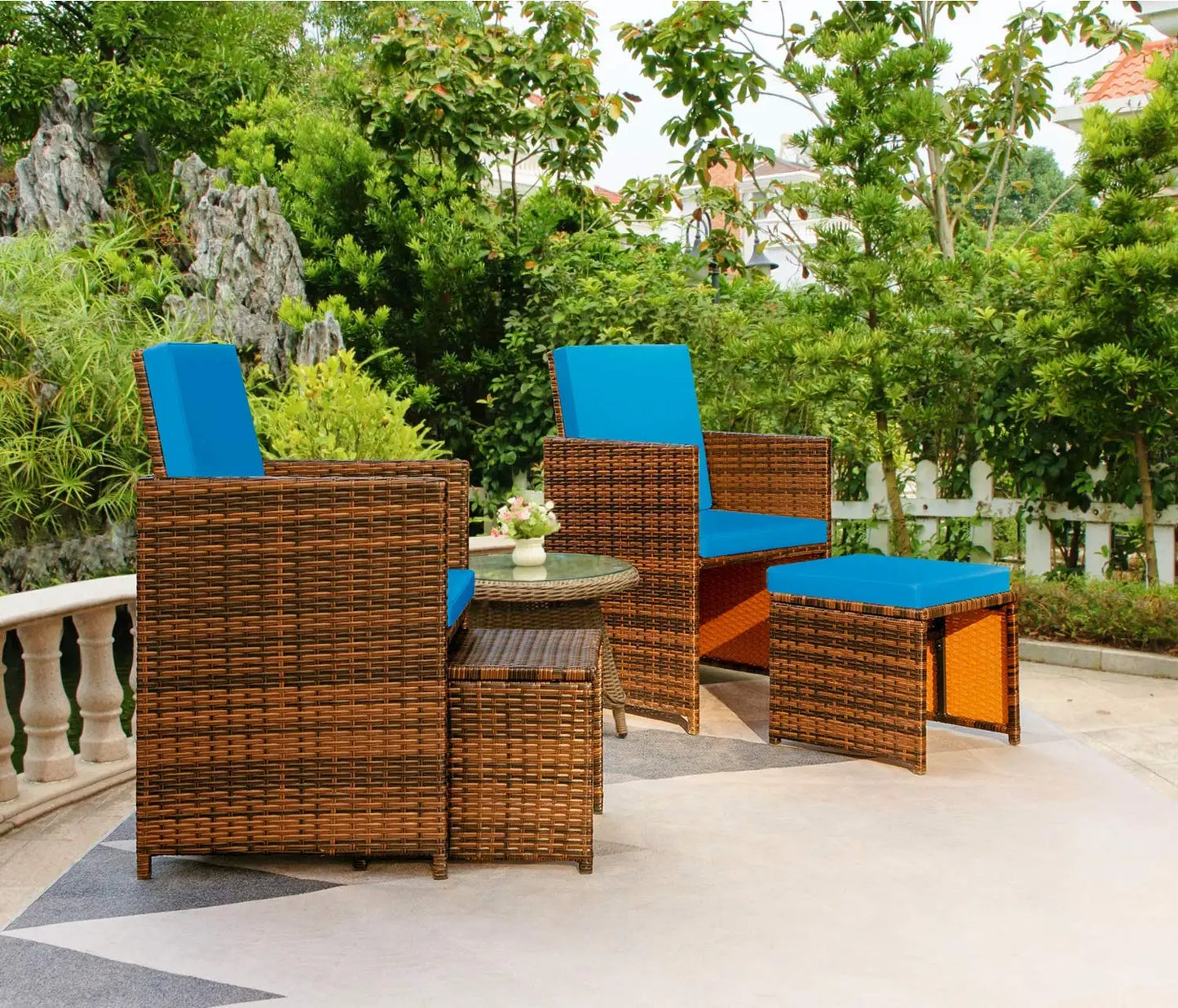 4-Piece Wicker Patio Furniture Set with Cushioned Chairs & Ottomans All Weather Balcony Porch Outdoor, Customized
