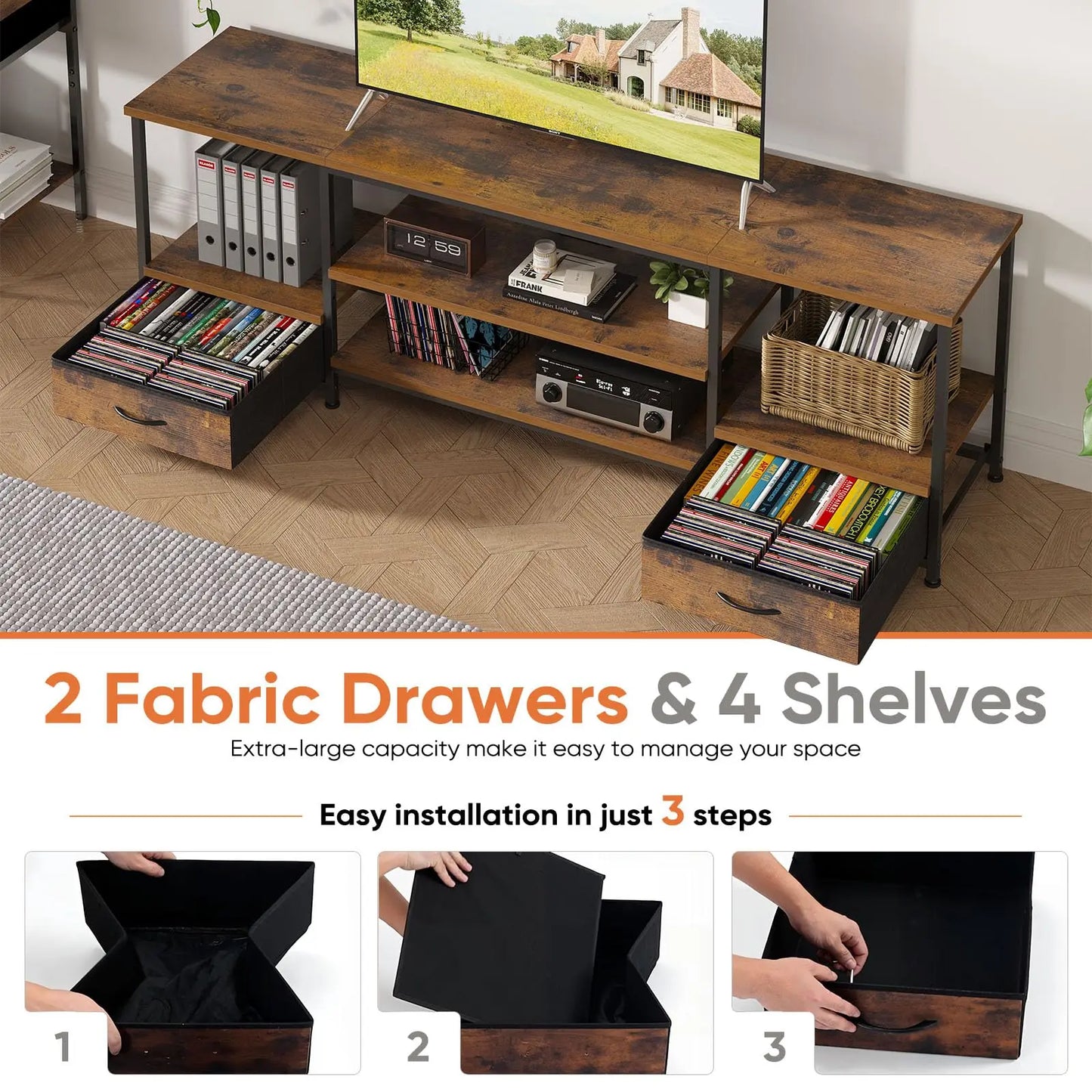JHK Wooden TV Stand With Adjustable Shelves Entertainment Center
