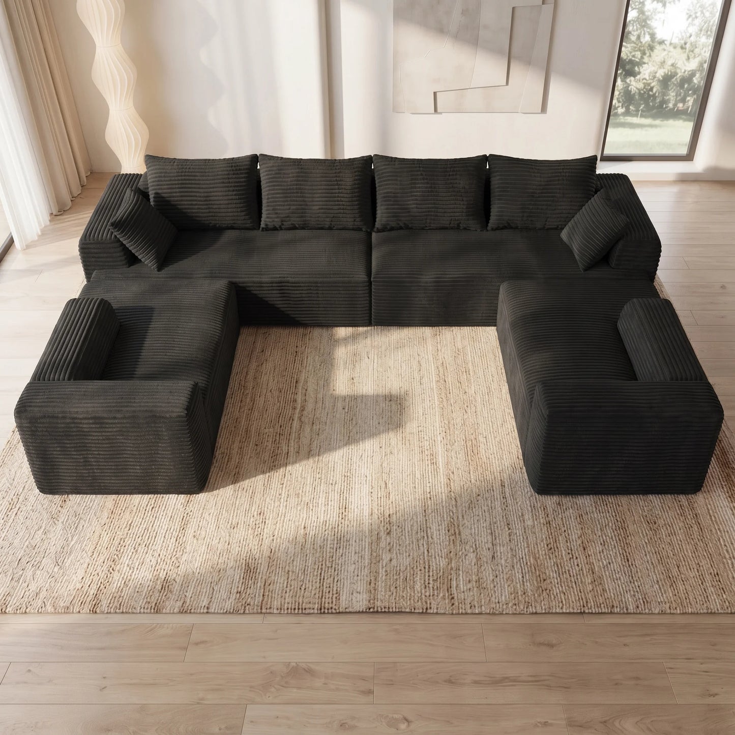 118" Oversized Modular Black Corduroy Sectional Sofa, U-Shaped Corner Couch, DIY Freely Combinable, Soft Comfort Cloud Block Lazy Sofa for Living Room, Convertible Sofa Bed