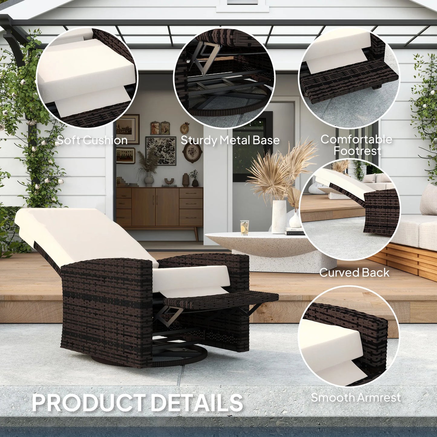 Reclining Rattan 360° Swivel Chair, Outdoor Patio Cushioned Recliner Khaki