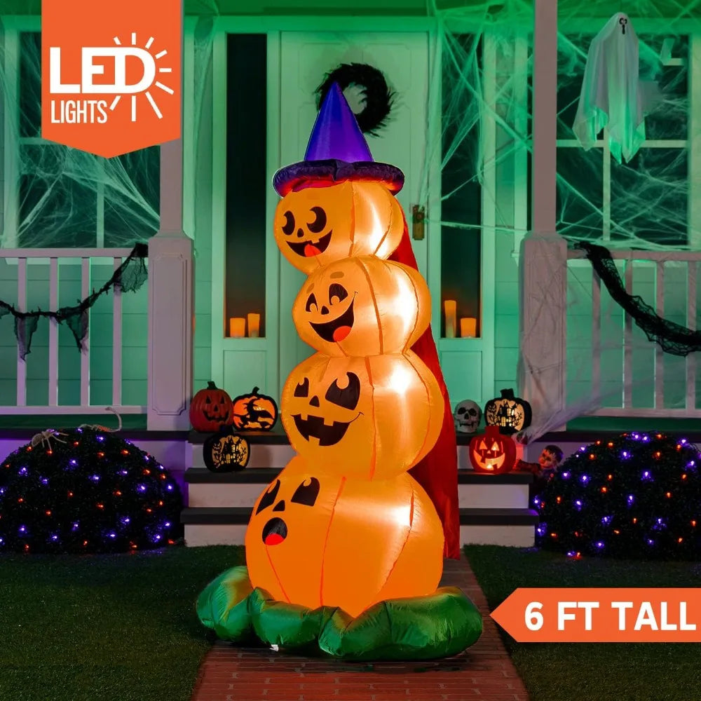 6 FT Halloween Inflatables Outdoor Decorations Blow Up Yard Decorations Inflatable Pumpkins with Witch Hat with Build-in LEDs, Stacked Pumpkins Blow Ups for Yard Halloween Decor Photobooth Props