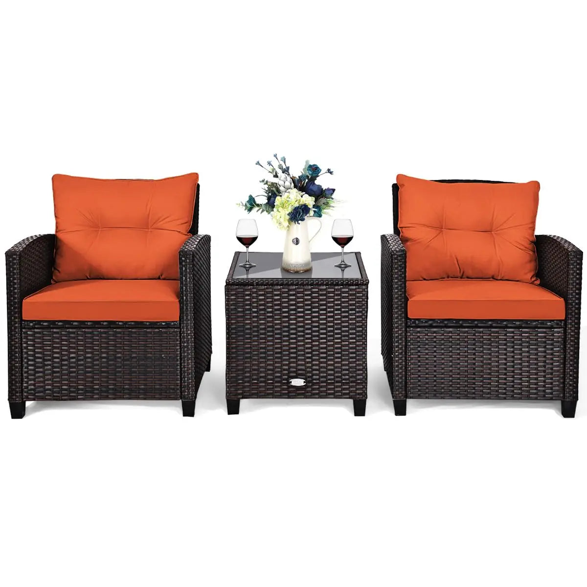 3 Pieces Patio Furniture Set, PE Rattan Wicker 3 Pcs Outdoor Sofa Set w/Washable Cushion and Tempered Glass, Customized