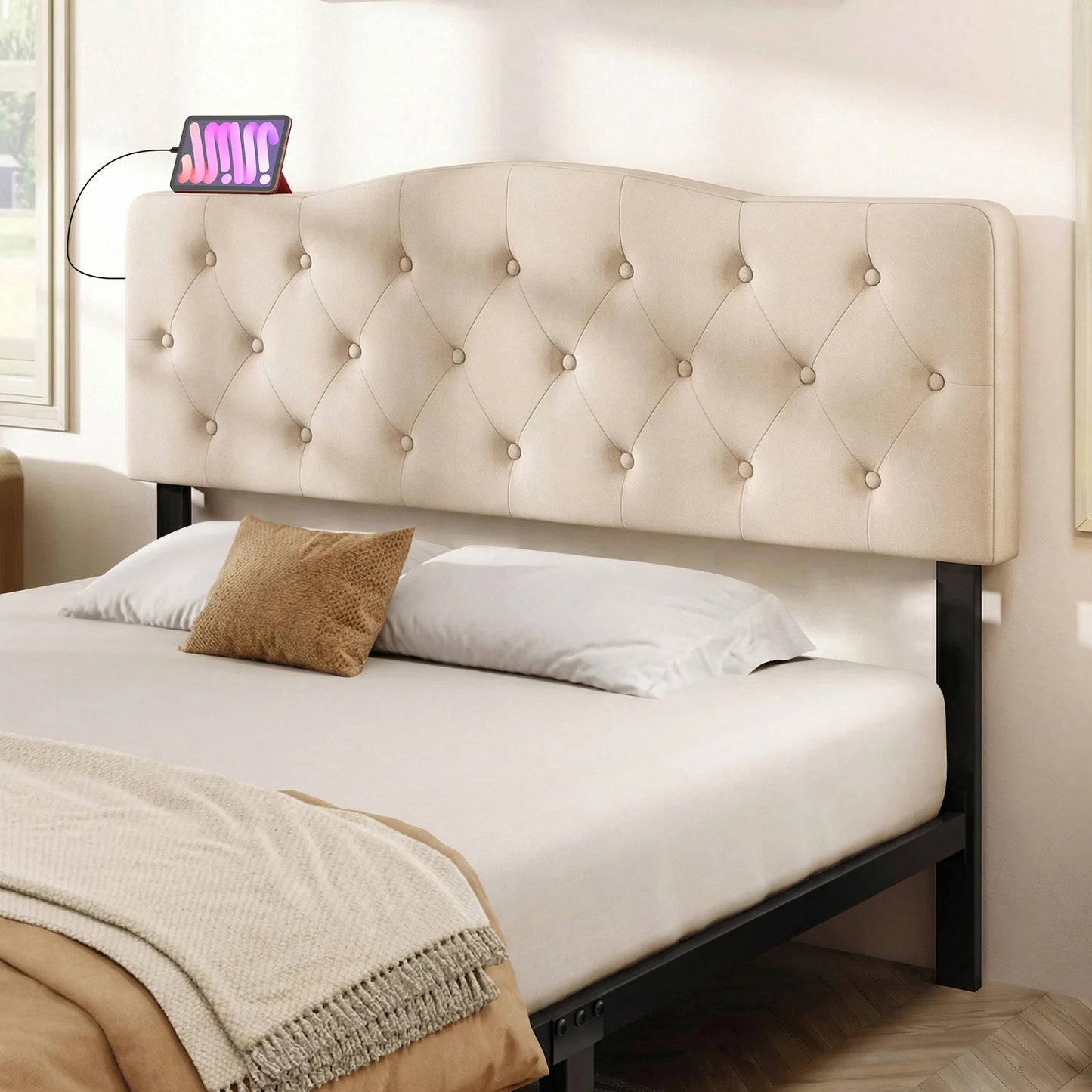 Homasis Tufted Upholstered Headboard With Dual Ac Outlets