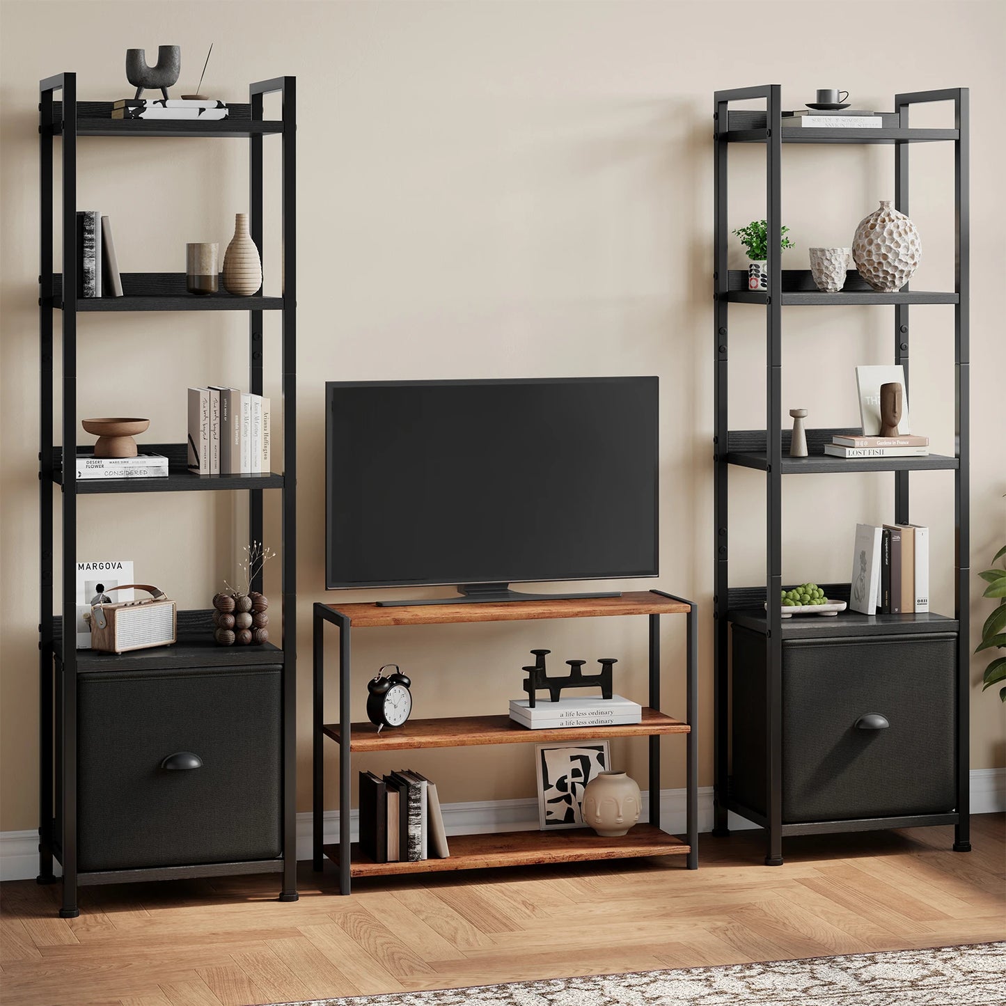 MCQ 4-5 Tier Bookshelf with Fabric Drawer Standing Open Book Shelf Organizer Wood and Metal Storage Shelf Organizer in Living Room Bedroom