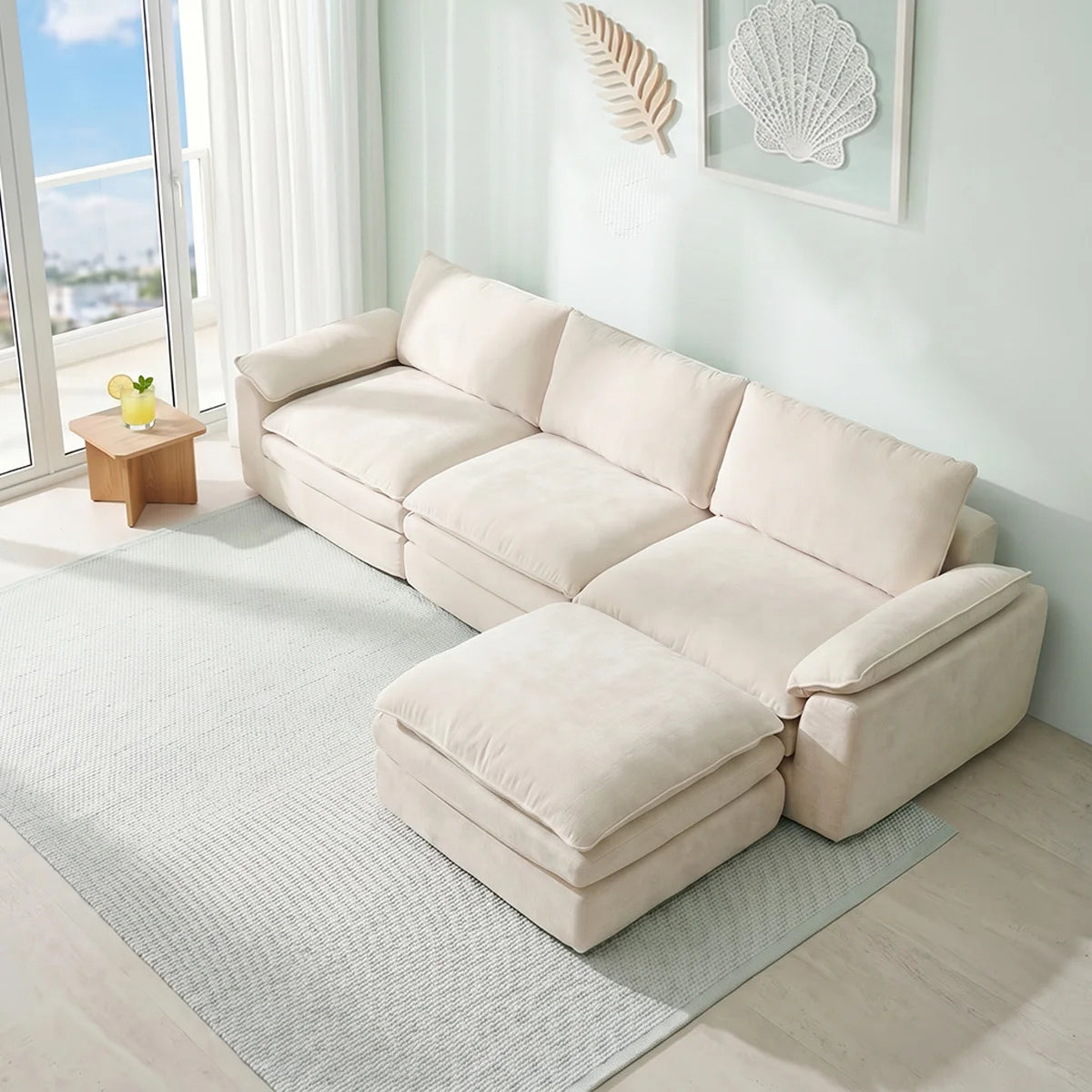 Summer Fresh Cream Style Modular Block Sofa, No Assembly Required, Deep Seat Cloud Sofa for Family Theater Room, Breathable Skin-friendly Fabric Chaise Lounge, Detachable Washable Lazy Cloud Couch for Large Living Room, Multi