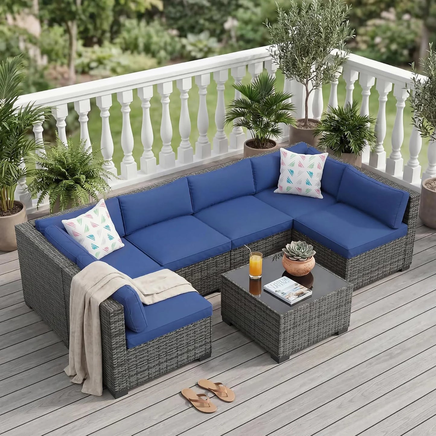 HobbyLane 7 Piece Outdoor Patio Sectional Sofa Set With Ottoman
