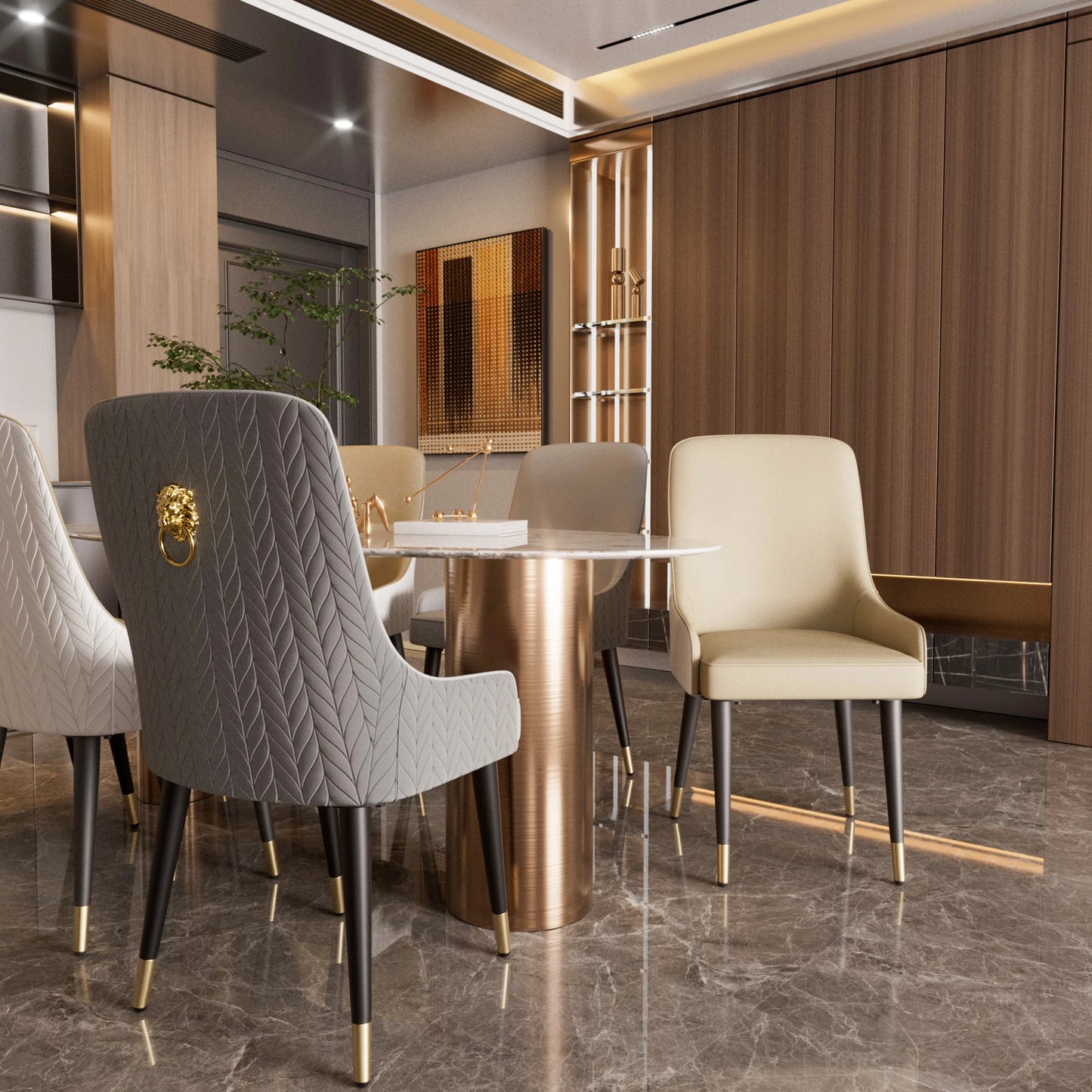 Modern PU Leather Dining Chairs Set Of 2 With Metal Legs And Lion Head Pull Ring