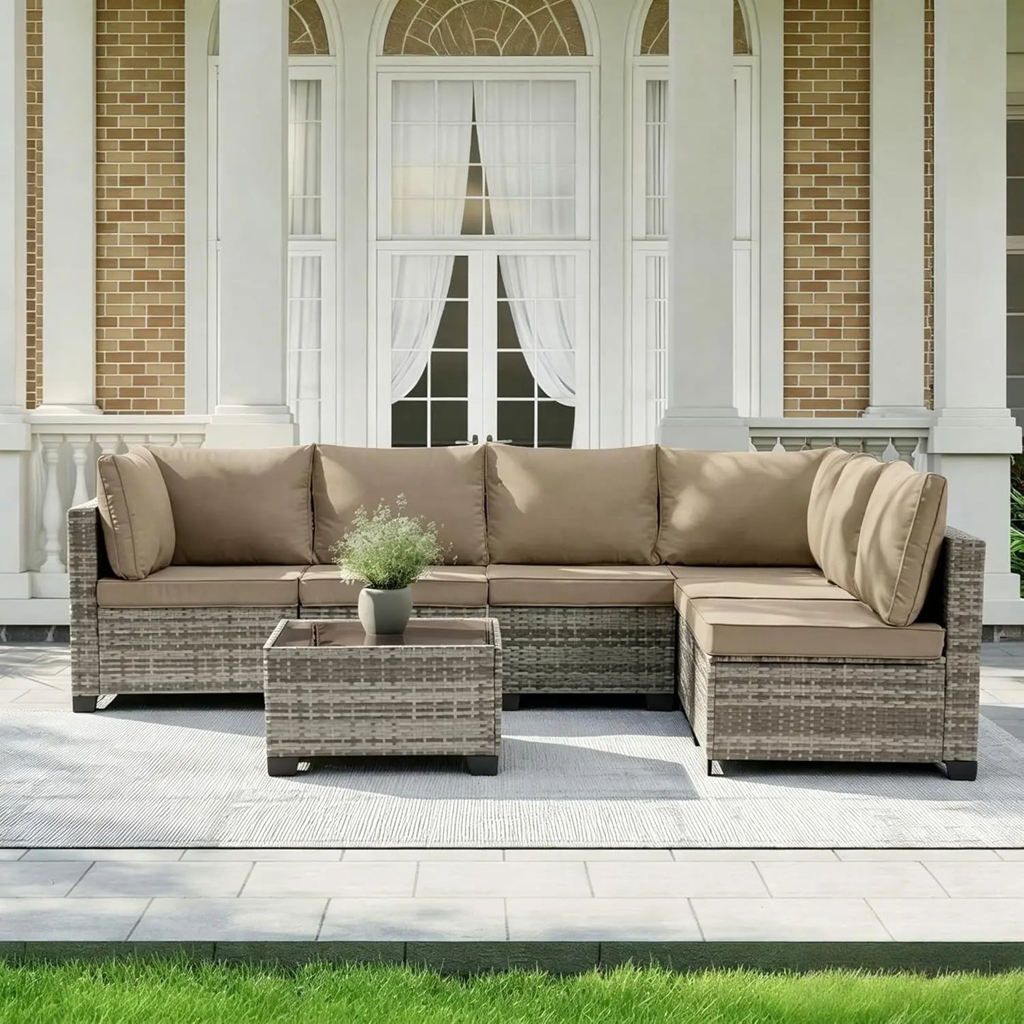 7 Pieces Outdoor Patio Furniture Set, All-Weather Sectional Sofa PE Rattan Wicker with Glass Table & Washable Cushions, Custom
