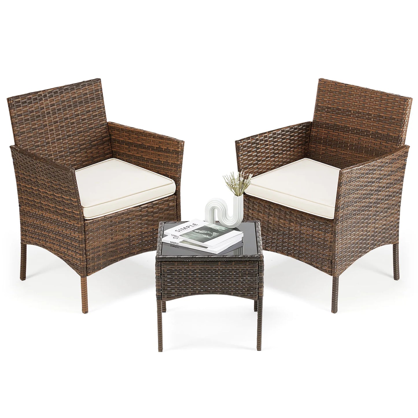 JHK Outdoor Patio Furniture Set Rattan Chairs With Glass Table