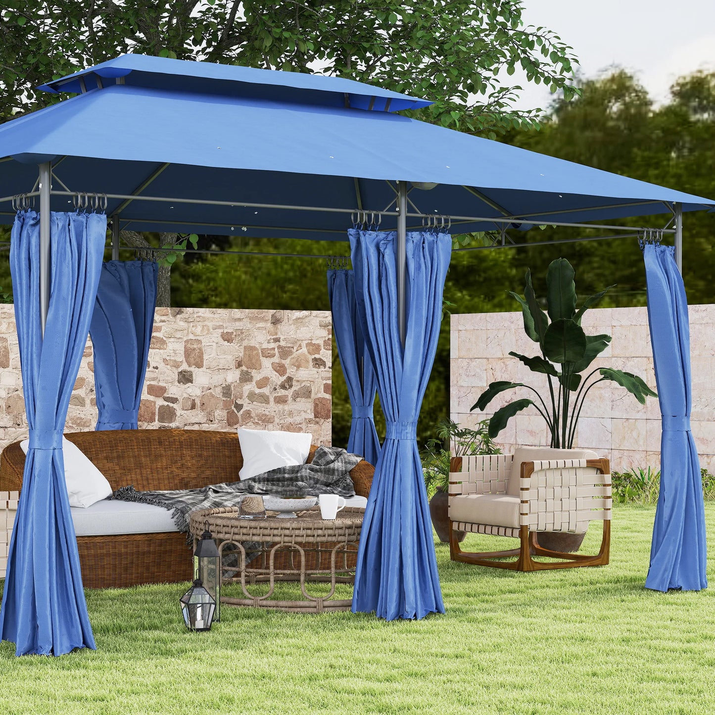 10 x 13 ft Double Roof Patio Gazebo with Curtains, Blue