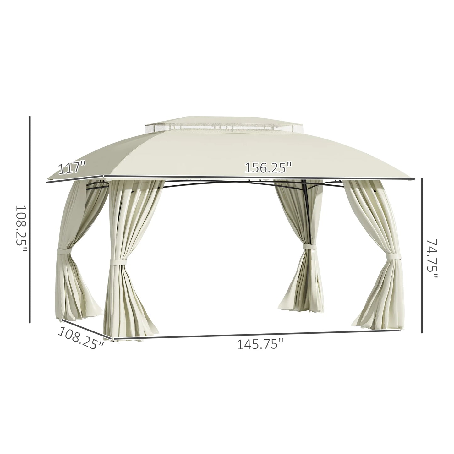 13' X 10' Patio Gazebo, Double Vented Canopy Shelter, Curtains, Steel, Beige