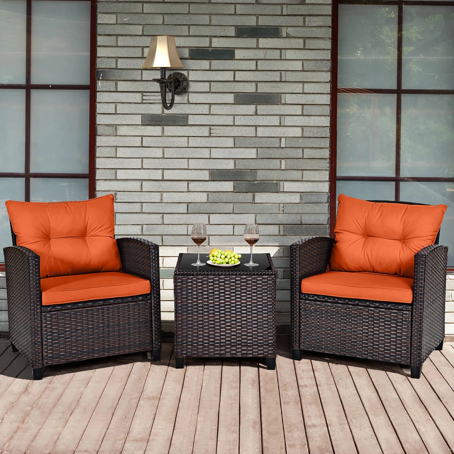 HOMASIS 3 Piece Patio Rattan Conversation Set with Cushions
