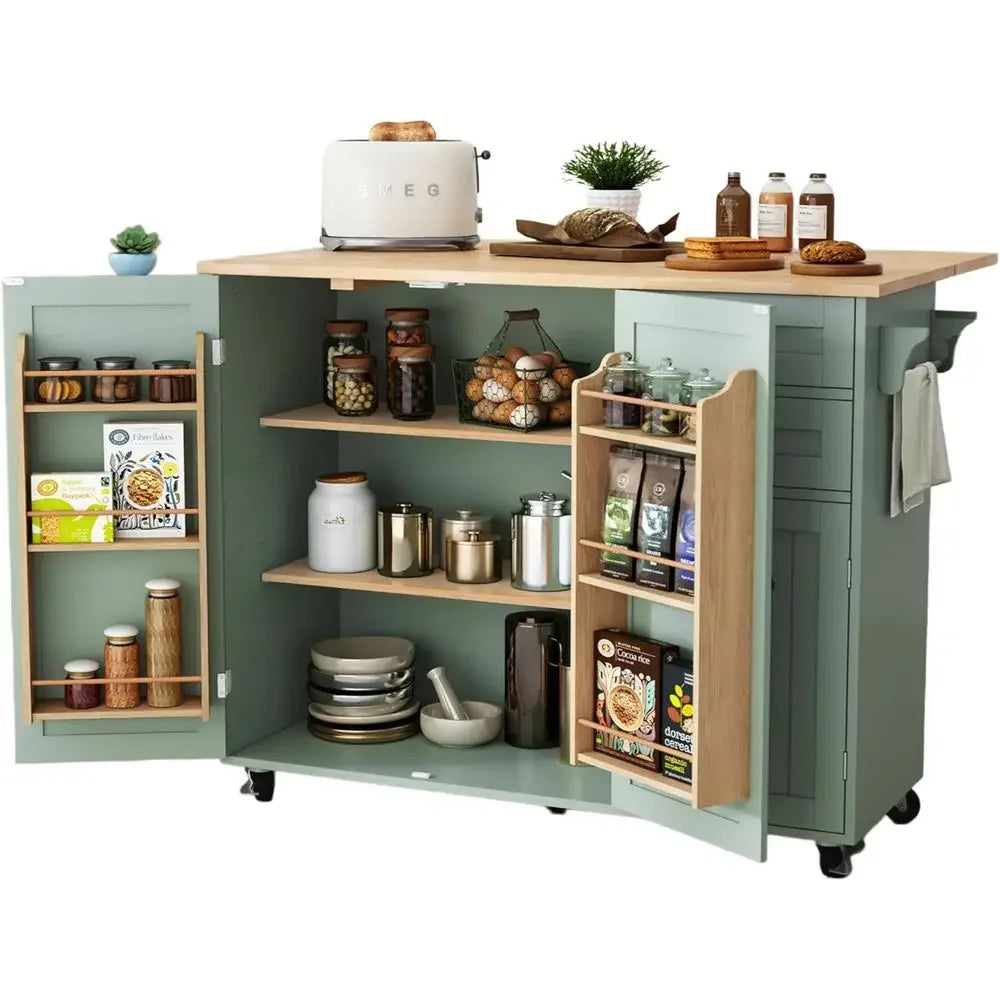 Kitchen Island with Storage, Sage Green Rolling Kitchen Cart on Wheels with Drop-Lea Bar Countertop, Islands Prep Table with Sid