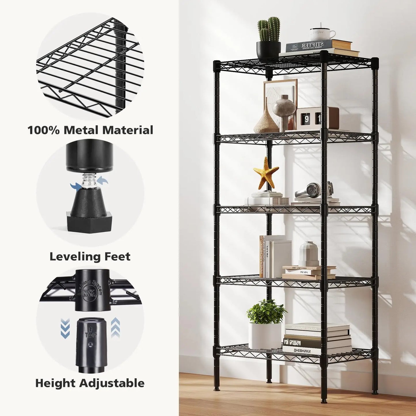 JHK 3-5 Tier Metal Wire Storage Shelves Adjustable Storage Racks Heavy Duty Standing Shelf Organizer for Living Room and Kitchen