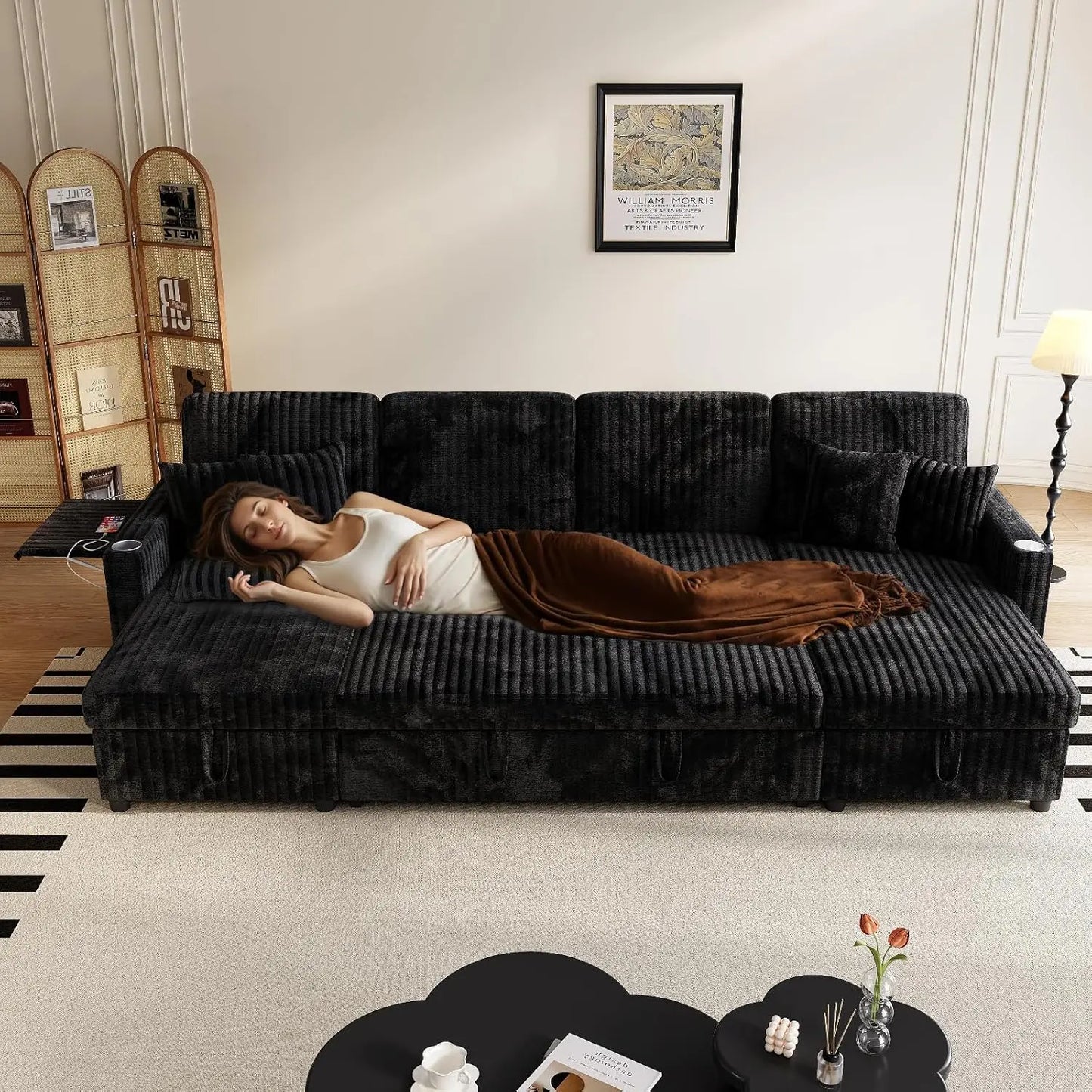 U Shaped Sleeper Sectional Sofa With USB Ports And Storage