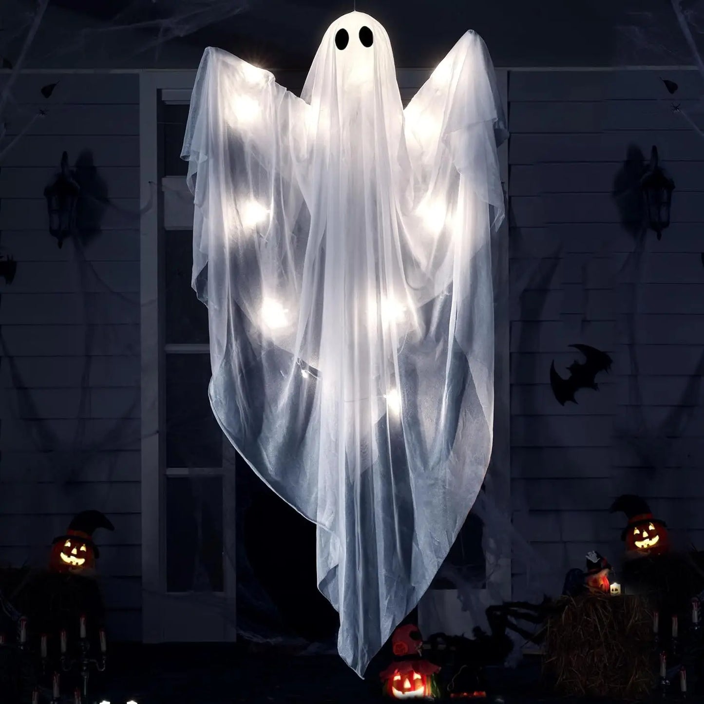 Halloween Hanging Light up Ghost with Spooky White LED Light, 47” Halloween Hanging Ghost Decoration for Front Yard Patio Lawn Garden Party Decor Indoor Outdoor