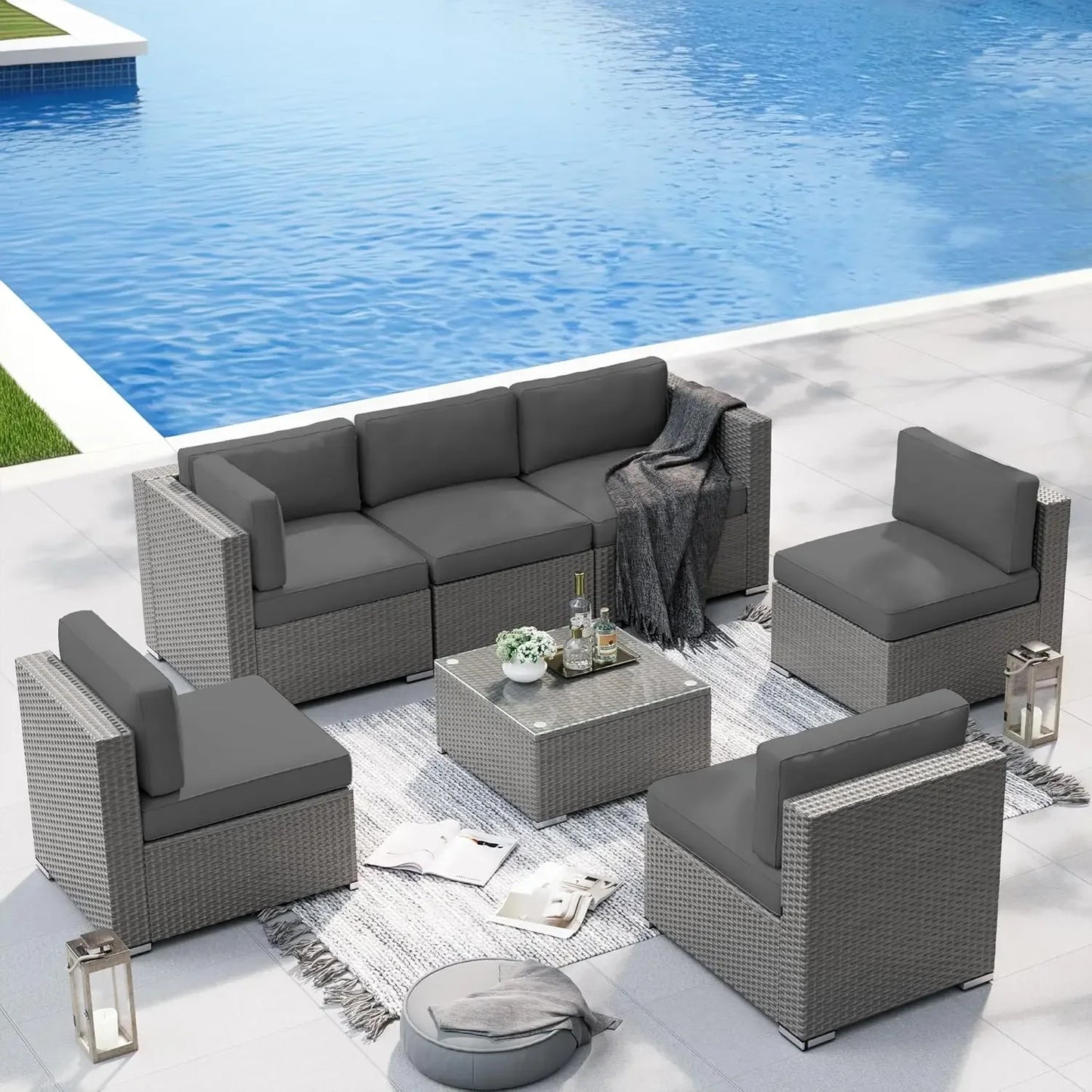 Outdoor Patio Furniture Set 7 Piece Outdoor Sectional Sofa Grey Wicker Conversation Sofa Set with Coffee Table and, Customized