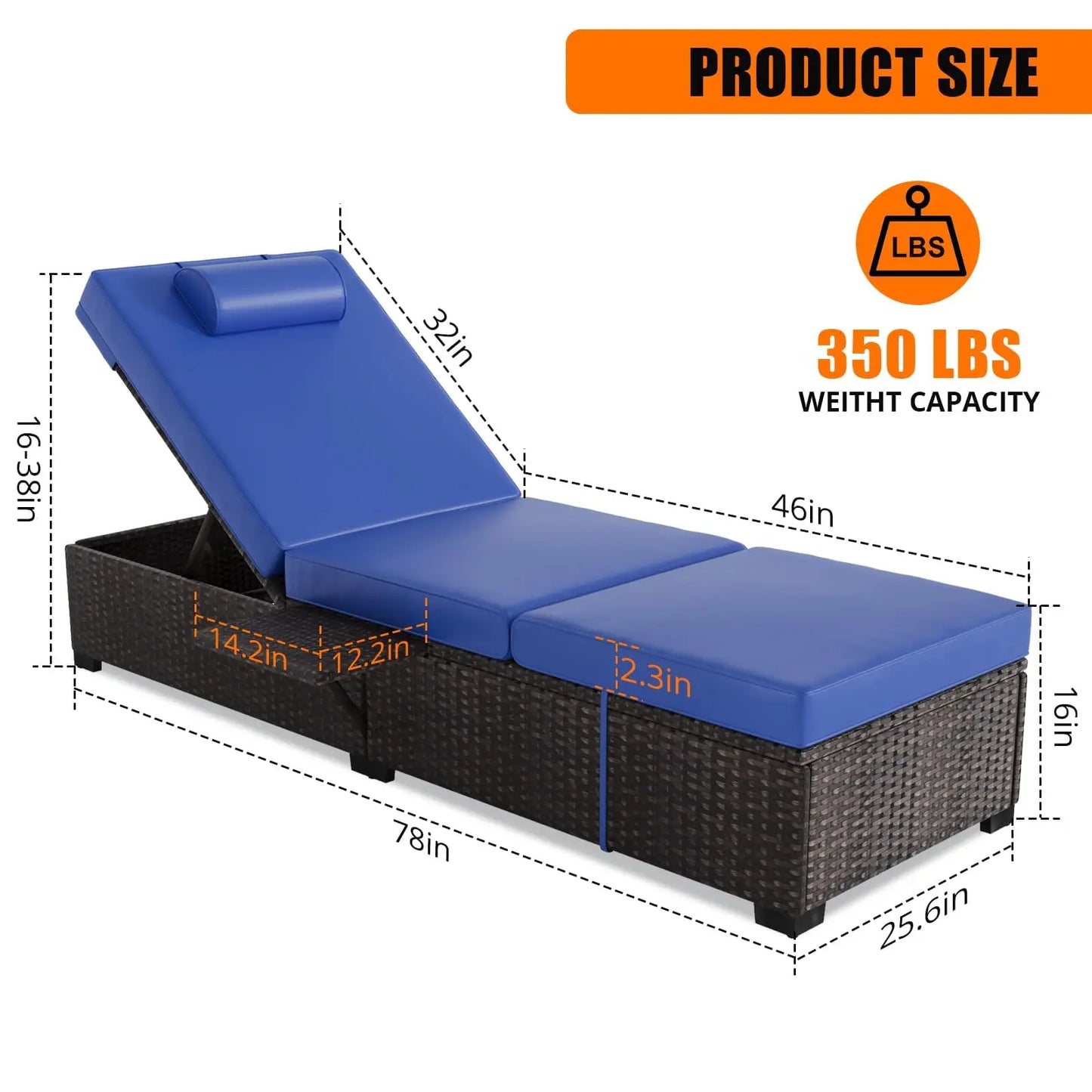 Outdoor Chaise Lounge Chairs Set of 2, 78" Pool Lounge Chairs with Adjustable Back, Foldable Side Table & Washable Cushions, Wicker Rattan Patio Loungers for Poolside Deck Beach Yard