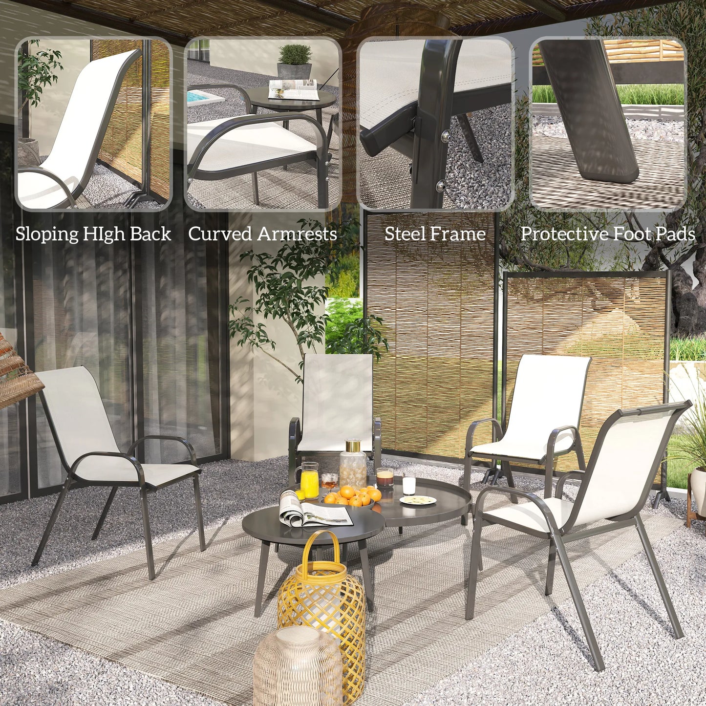 Set of 4 Patio Dining Chairs, Stackable Outdoor Chairs, Beige