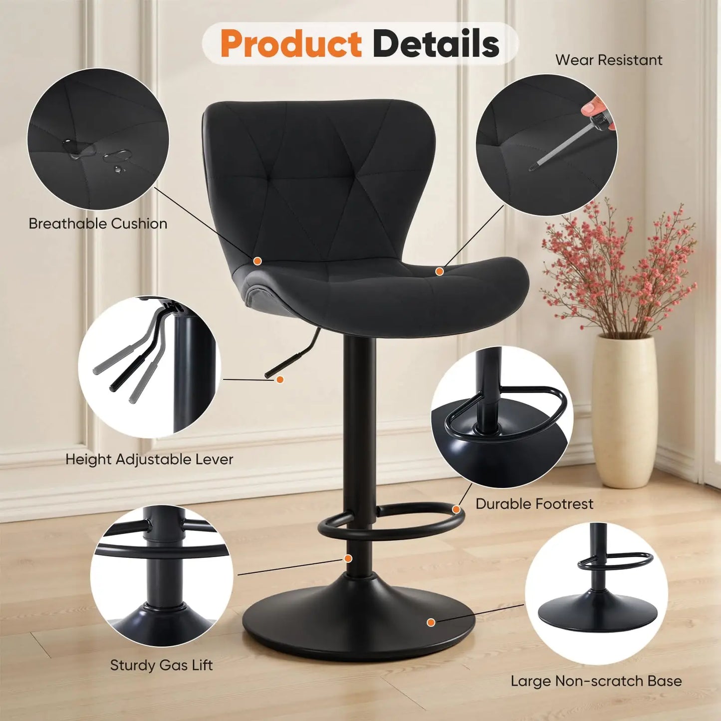 JHK Ergonomic Faux Leather Dining Chairs Set of 2 Adjustable Upholstered Swivel with Curved Backrest Metal Legs For Kitchen