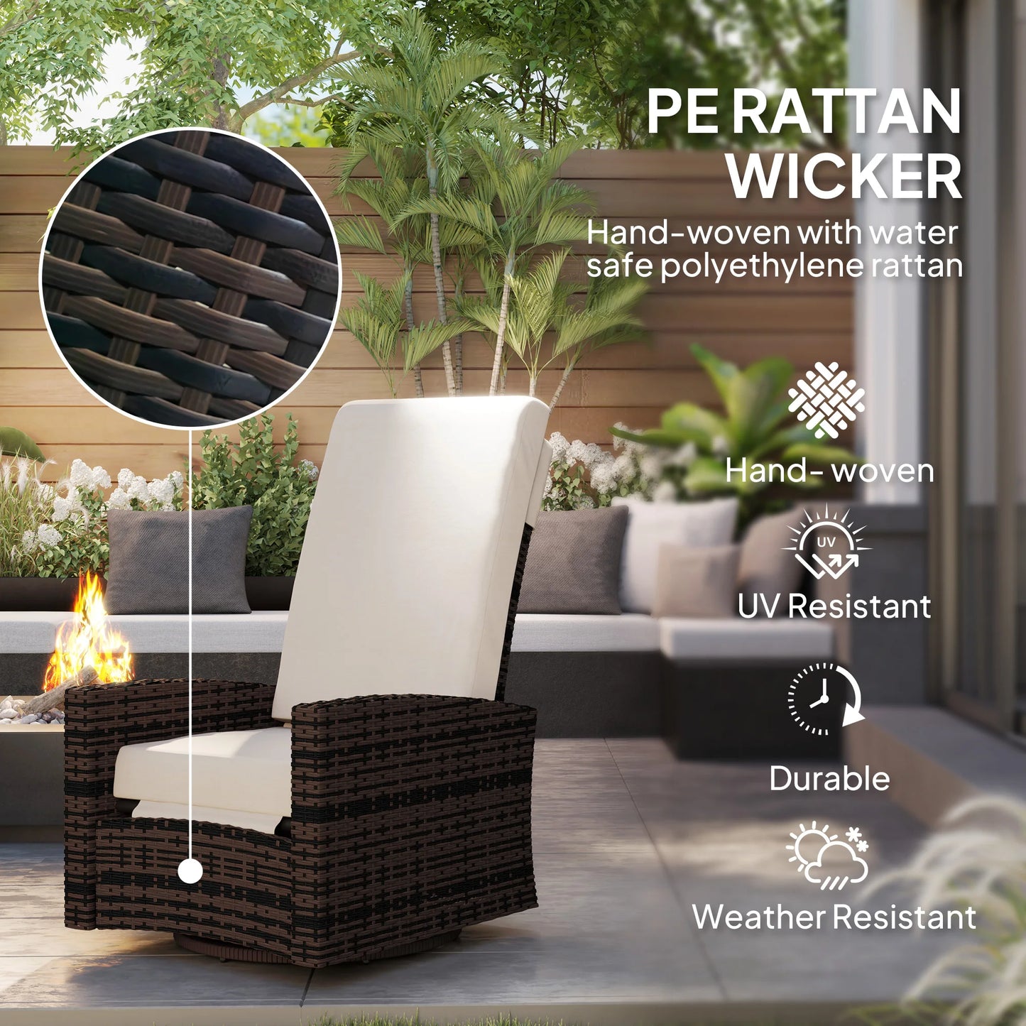 Reclining Rattan 360° Swivel Chair, Outdoor Patio Cushioned Recliner Khaki