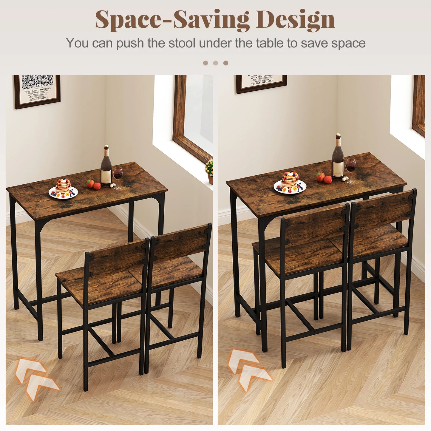 3 Piece Bar Table & Chair Set Kitchen Table w/ 2 Bar Stools for Small Space