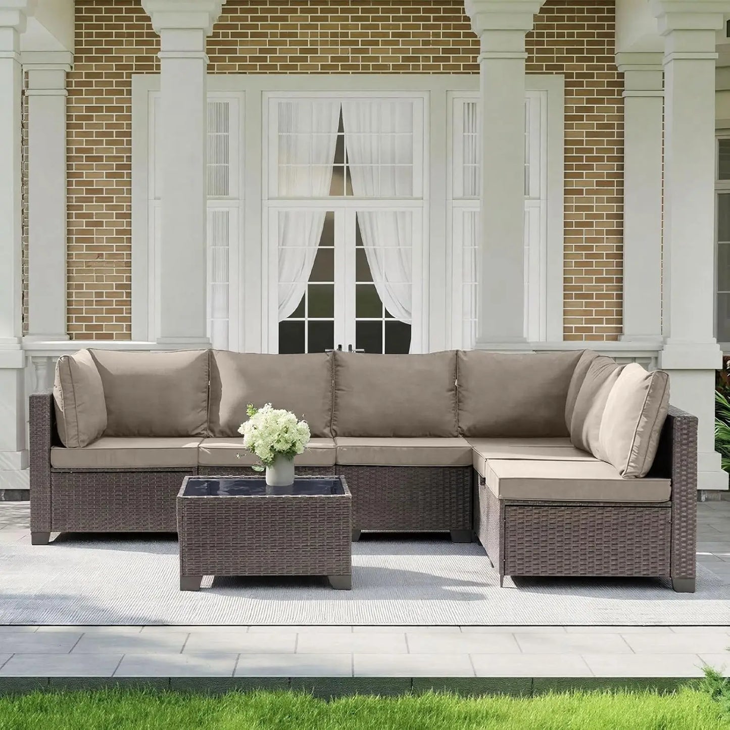 7 Pieces Outdoor Patio Furniture Sets, All-Weather Sectional Sofa Dark Brown PE Rattan Wicker Conversation, Customized