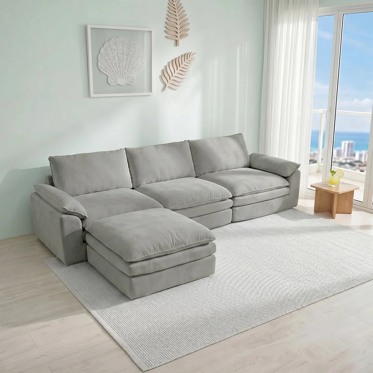 Summer Fresh Cream Style Modular Block Sofa, No Assembly Required, Deep Seat Cloud Sofa for Family Theater Room, Breathable Skin-friendly Fabric Chaise Lounge, Detachable Washable Lazy Cloud Couch for Large Living Room, Multi