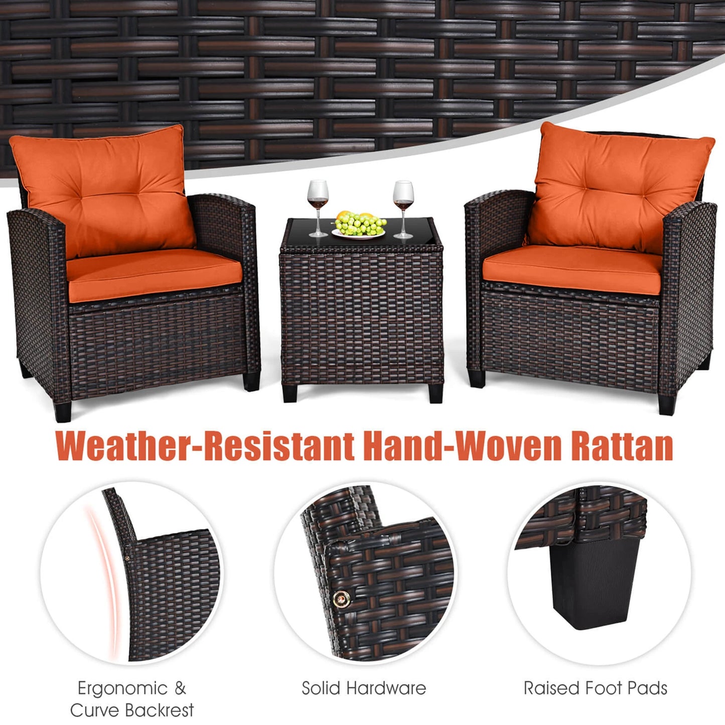 HOMASIS 3 Piece Patio Rattan Conversation Set with Cushions